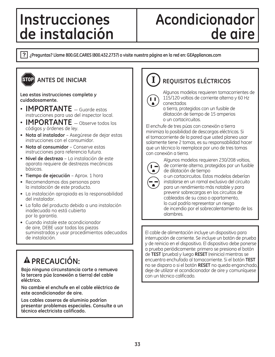 Instrucciones acondicionador, De instalación, De aire | Precaución, Importante | GE AEM12AS User Manual | Page 33 / 40