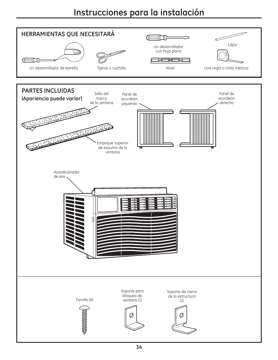 Instrucciones para la instalación, Herramientas que necesitará, Partes incluidas | GE AEM12AS User Manual | Page 34 / 40