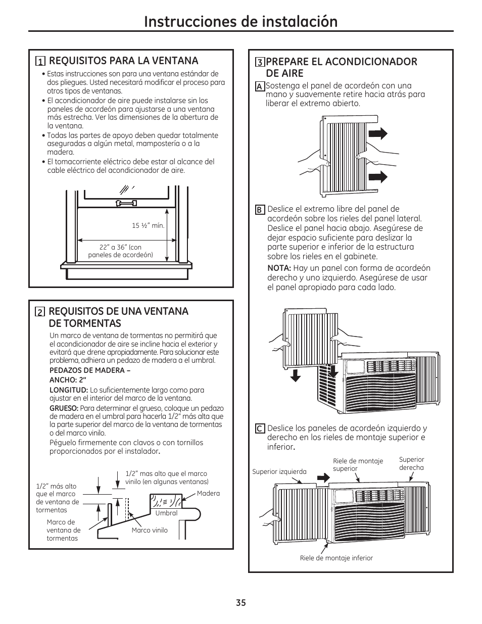 Instrucciones de instalación, Requisitos para la ventana, Requisitos de una ventana de tormentas | Prepare el acondicionador de aire | GE AEM12AS User Manual | Page 35 / 40