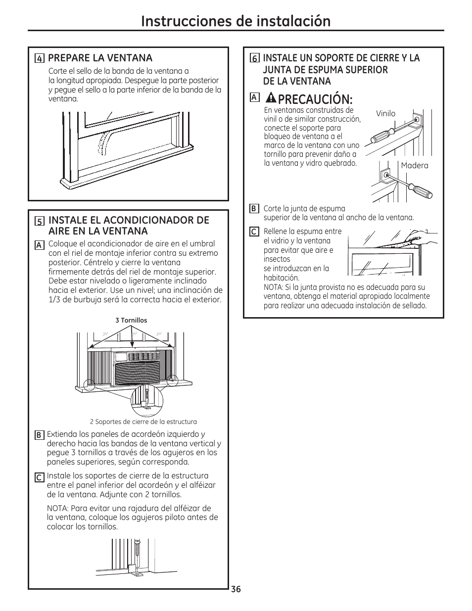 Instrucciones de instalación, Precaución | GE AEM12AS User Manual | Page 36 / 40