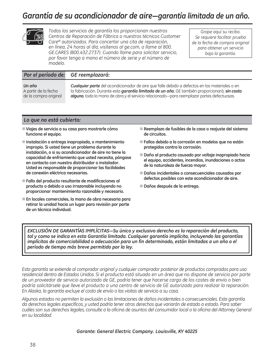 Garantía de su acondicionador de aire, Jdudqwtdolplwdgdghxqdxr | GE AEM12AS User Manual | Page 38 / 40