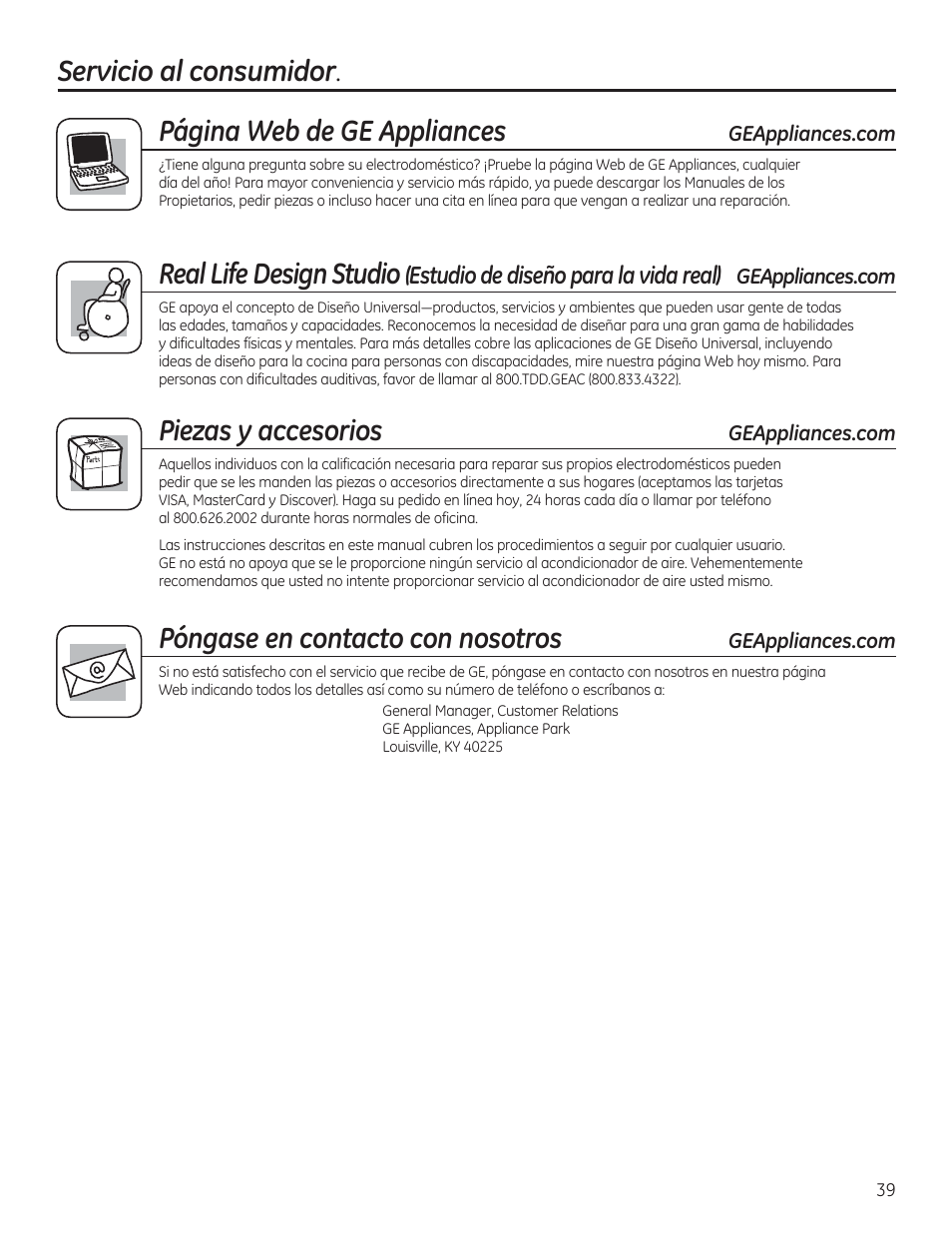 Real life design studio, Piezas y accesorios, Póngase en contacto con nosotros | Vwxglrghglvhxrsdudodylgduhdo | GE AEM12AS User Manual | Page 39 / 40