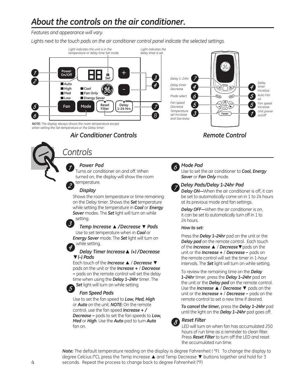 About the controls on the air conditioner, Controls, Air conditioner controls | Remote control | GE AEM12AS User Manual | Page 4 / 40
