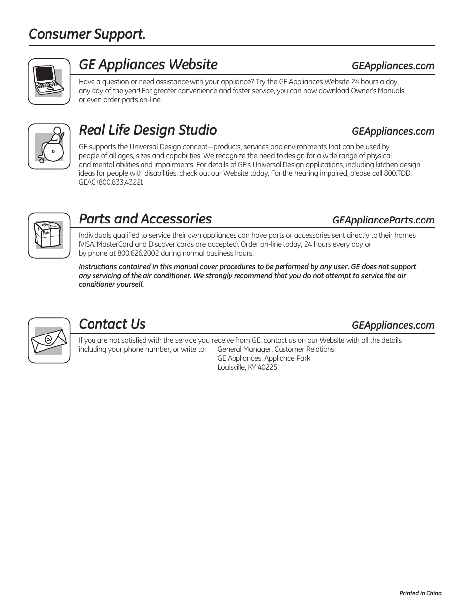 Consumer support. ge appliances website, Real life design studio, Parts and accessories | Contact us | GE AEM12AS User Manual | Page 40 / 40