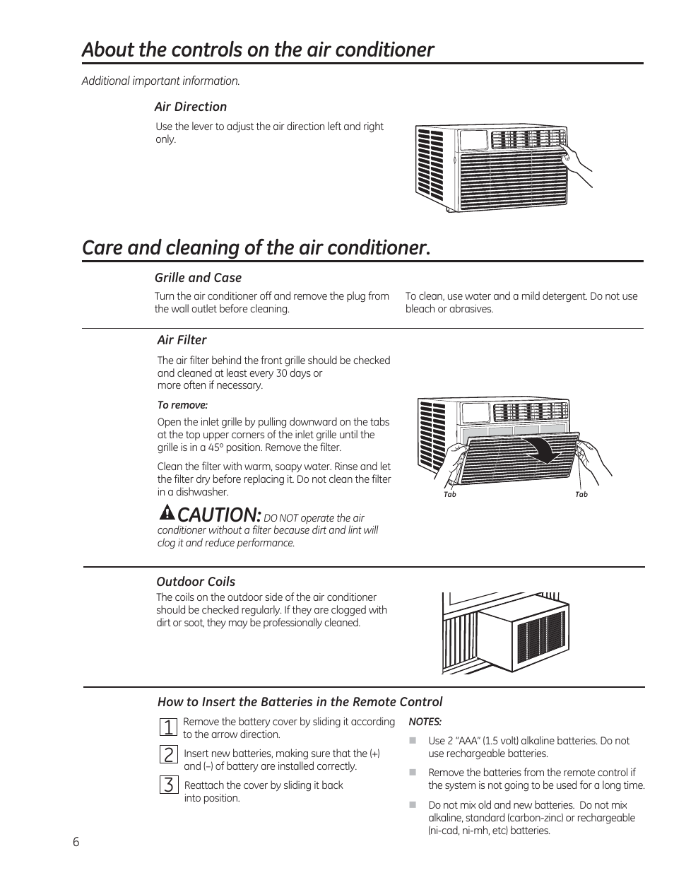 About the controls on the air conditioner, Care and cleaning of the air conditioner, Caution | GE AEM12AS User Manual | Page 6 / 40