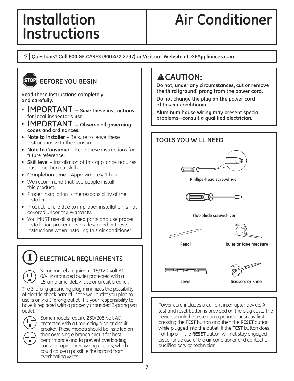 Installation air conditioner instructions, Important, Caution | GE AEM12AS User Manual | Page 7 / 40