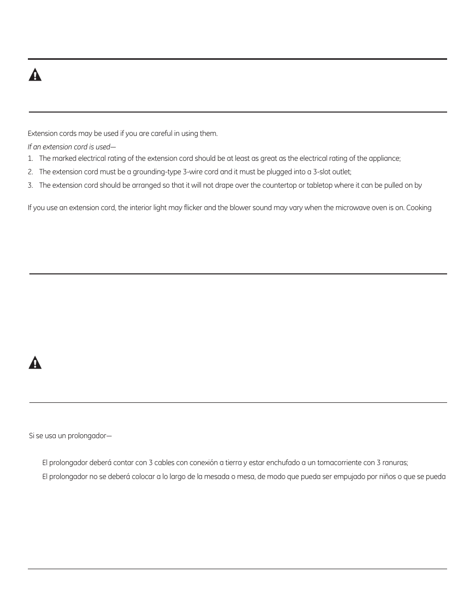 Warning! ¡advertencia, Save these instructions, Extension cords | Guarde estas instrucciones, Read and follow this safety information carefully, Prolongadores | GE PEM31DFBB User Manual | Page 10 / 52