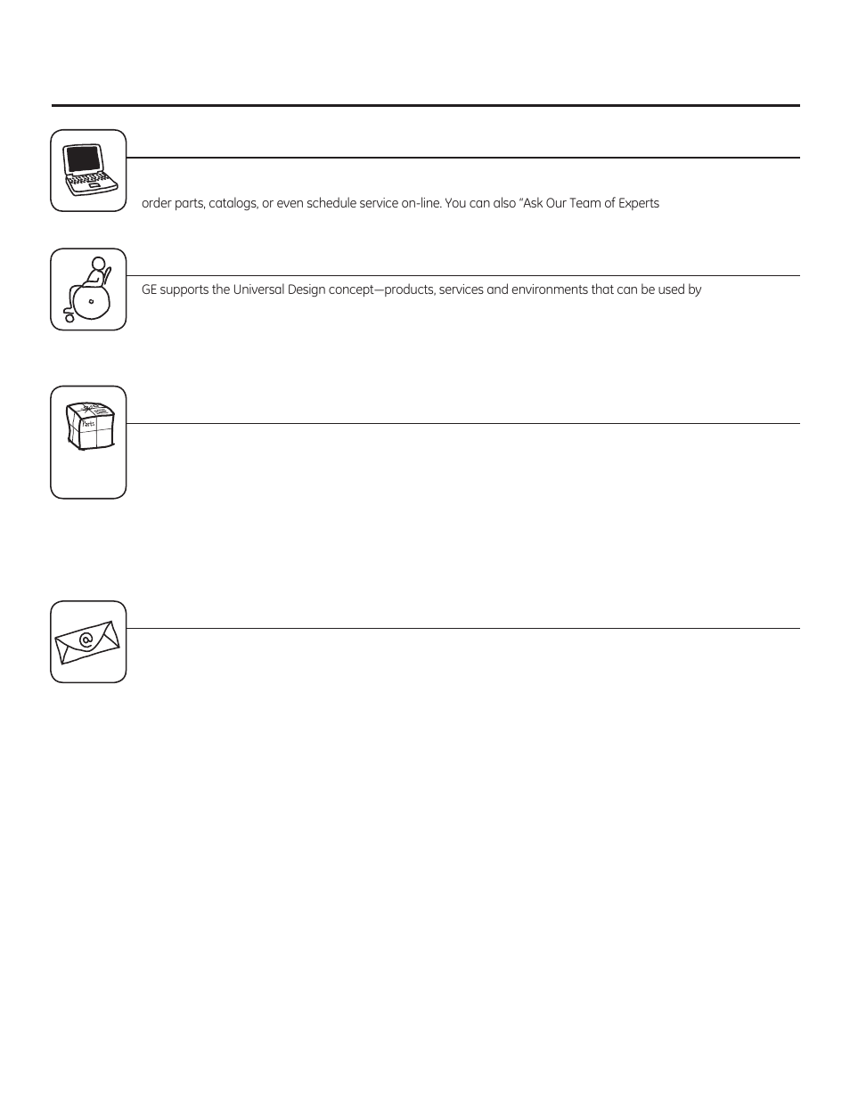 Consumer support. ge appliances website, Real life design studio, Parts and accessories | Contact us | GE PEM31DFBB User Manual | Page 28 / 52