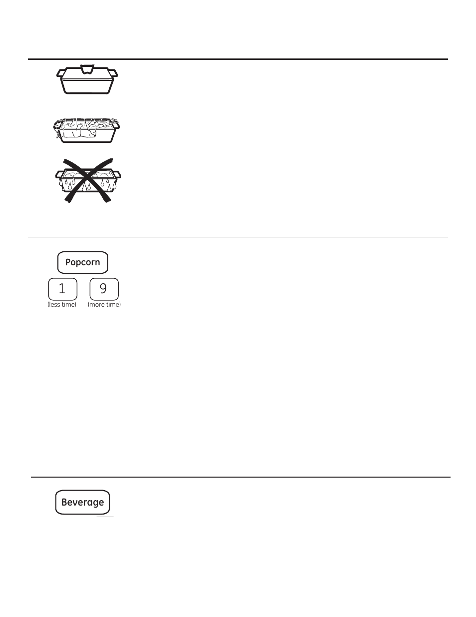 About the sensor features, Beverage, Popcorn | GE PEM31DFBB User Manual | Page 44 / 52