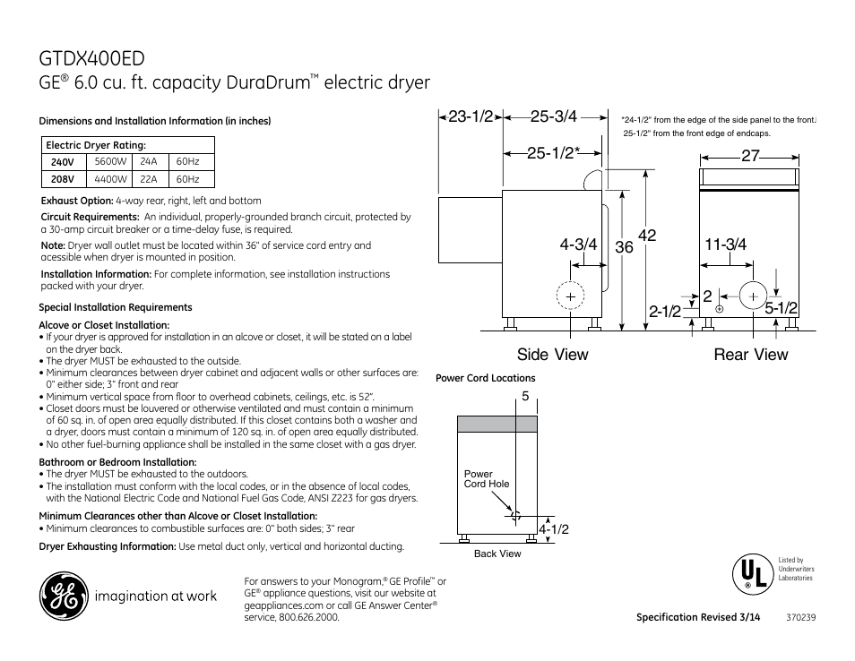 GE GTDX400EDWS User Manual | 3 pages