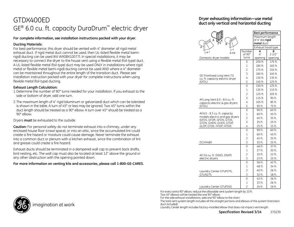 Gtdx400ed, 0 cu. ft. capacity duradrum, Electric dryer | GE GTDX400EDWS User Manual | Page 2 / 3