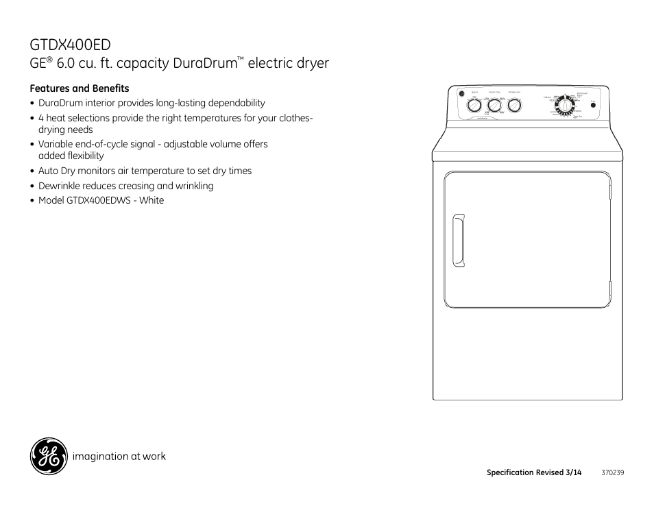 Gtdx400ed, 0 cu. ft. capacity duradrum, Electric dryer | GE GTDX400EDWS User Manual | Page 3 / 3