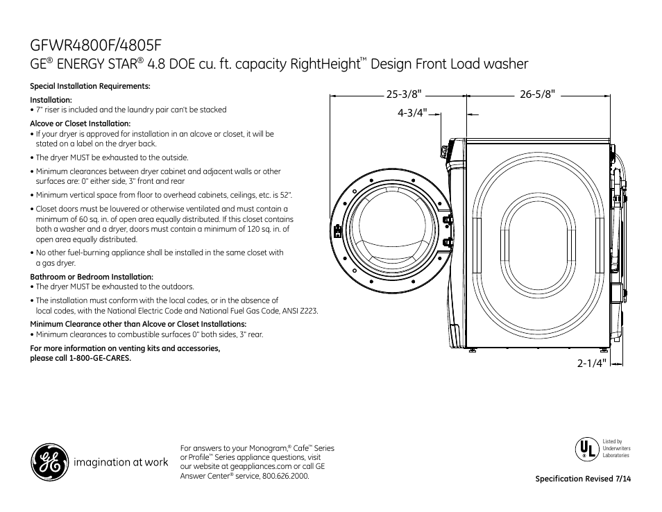 Energy star, 8 doe cu. ft. capacity rightheight, Design front load washer | GE GFWR4800FWW User Manual | Page 2 / 3