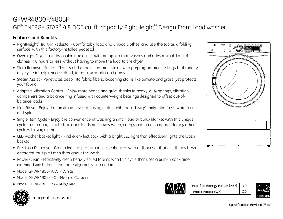 Energy star, 8 doe cu. ft. capacity rightheight, Design front load washer | GE GFWR4800FWW User Manual | Page 3 / 3