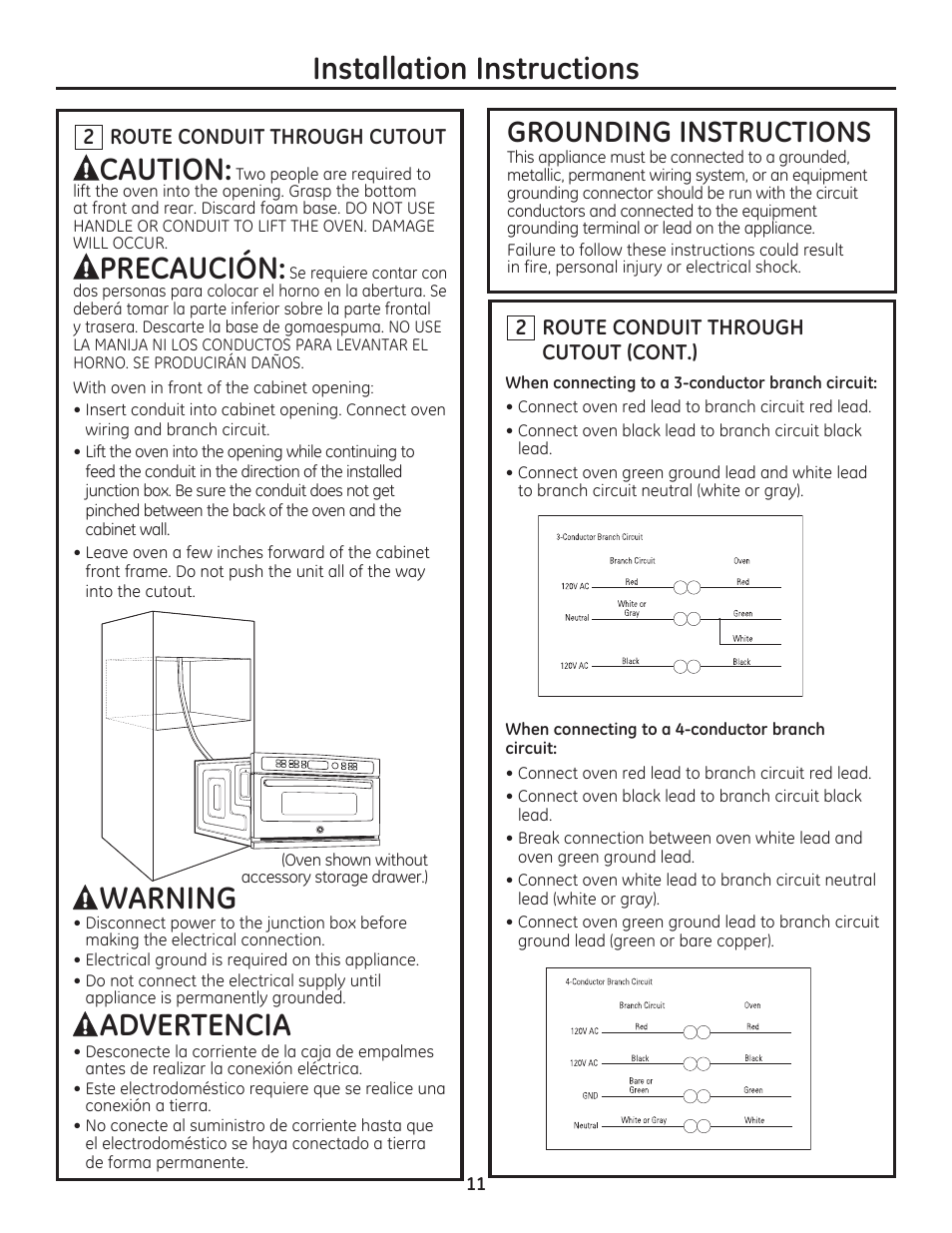 Installation instructions, Caution, Precaución | Warning, Advertencia, Grounding instructions | GE PSB9240SFSS User Manual | Page 11 / 32