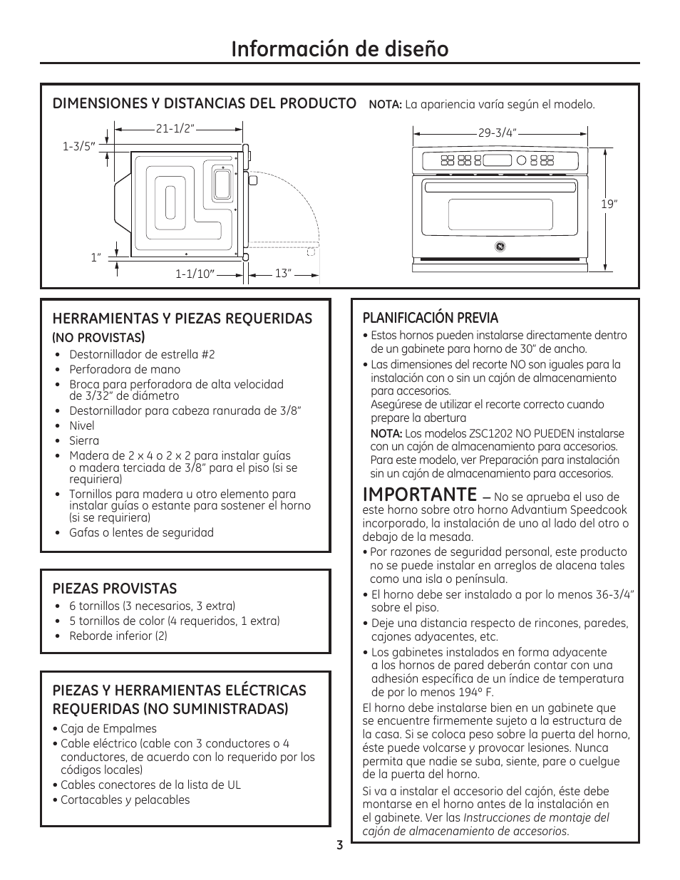 Información de diseño, Importante, Dimensiones y distancias del producto | Herramientas y piezas requeridas, Piezas provistas, Planificación previa | GE PSB9240SFSS User Manual | Page 19 / 32