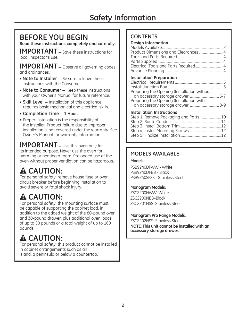 Safety information, Before you begin, Caution | Important | GE PSB9240SFSS User Manual | Page 2 / 32