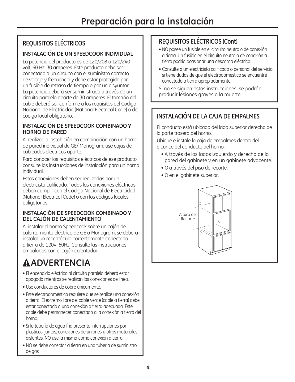 Preparación para la instalación, Advertencia | GE PSB9240SFSS User Manual | Page 20 / 32