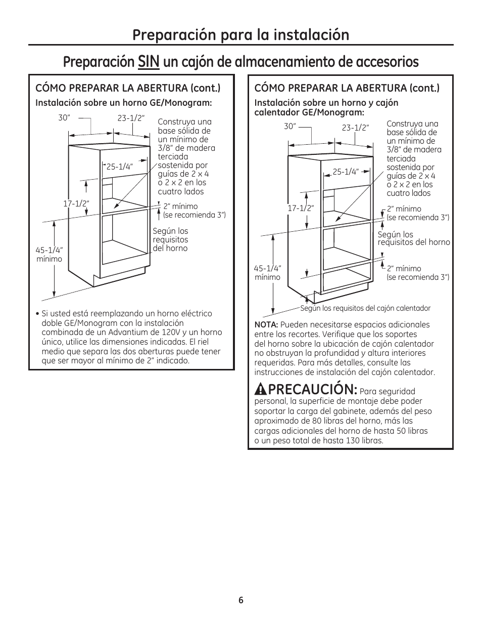Preparación para la instalación, Preparación, Un cajón de almacenamiento de accesorios | Precaución | GE PSB9240SFSS User Manual | Page 22 / 32