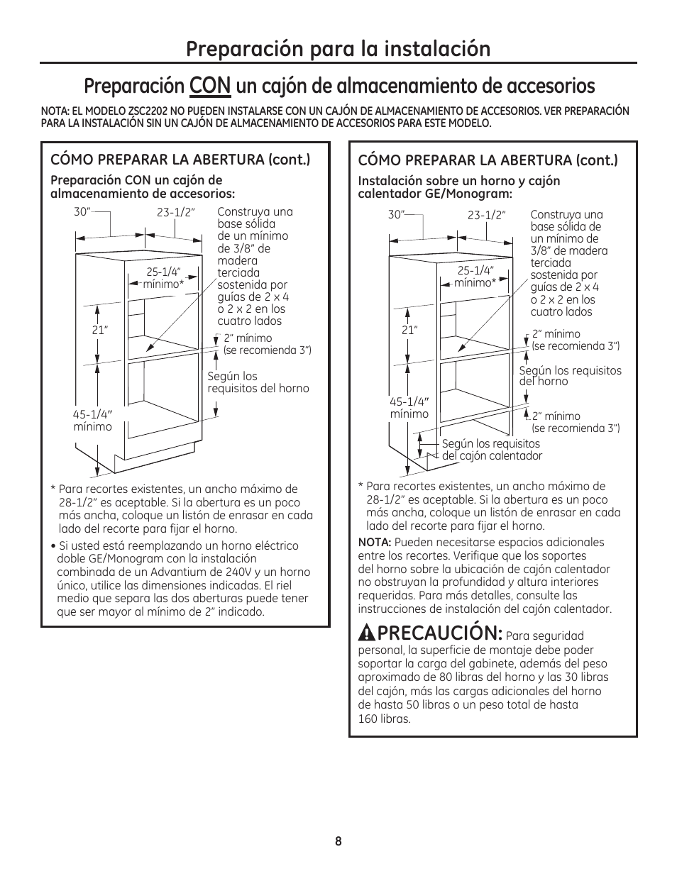 Preparación para la instalación preparación, Un cajón de almacenamiento de accesorios, Precaución | GE PSB9240SFSS User Manual | Page 24 / 32