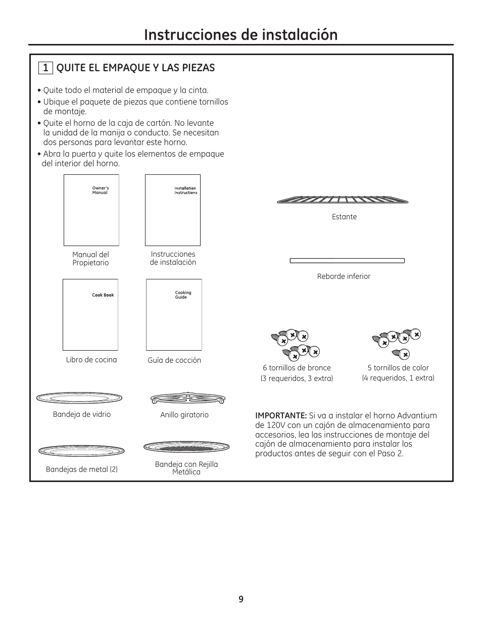 Instrucciones de instalación, 1 quite el empaque y las piezas | GE PSB9240SFSS User Manual | Page 25 / 32