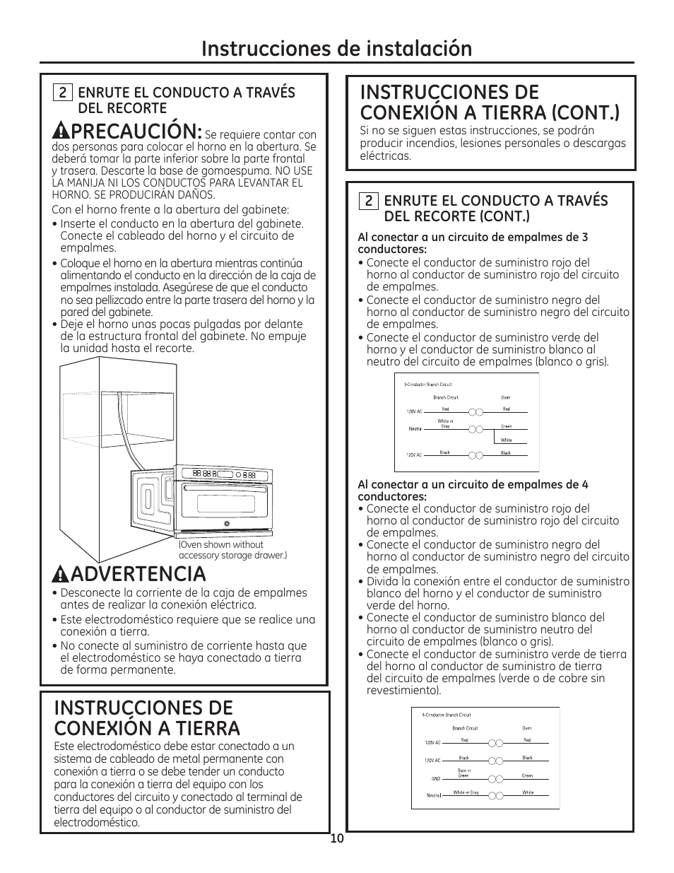 Instrucciones de instalación, Precaución, Advertencia | Instrucciones de conexión a tierra, Instrucciones de conexión a tierra (cont.) | GE PSB9240SFSS User Manual | Page 26 / 32