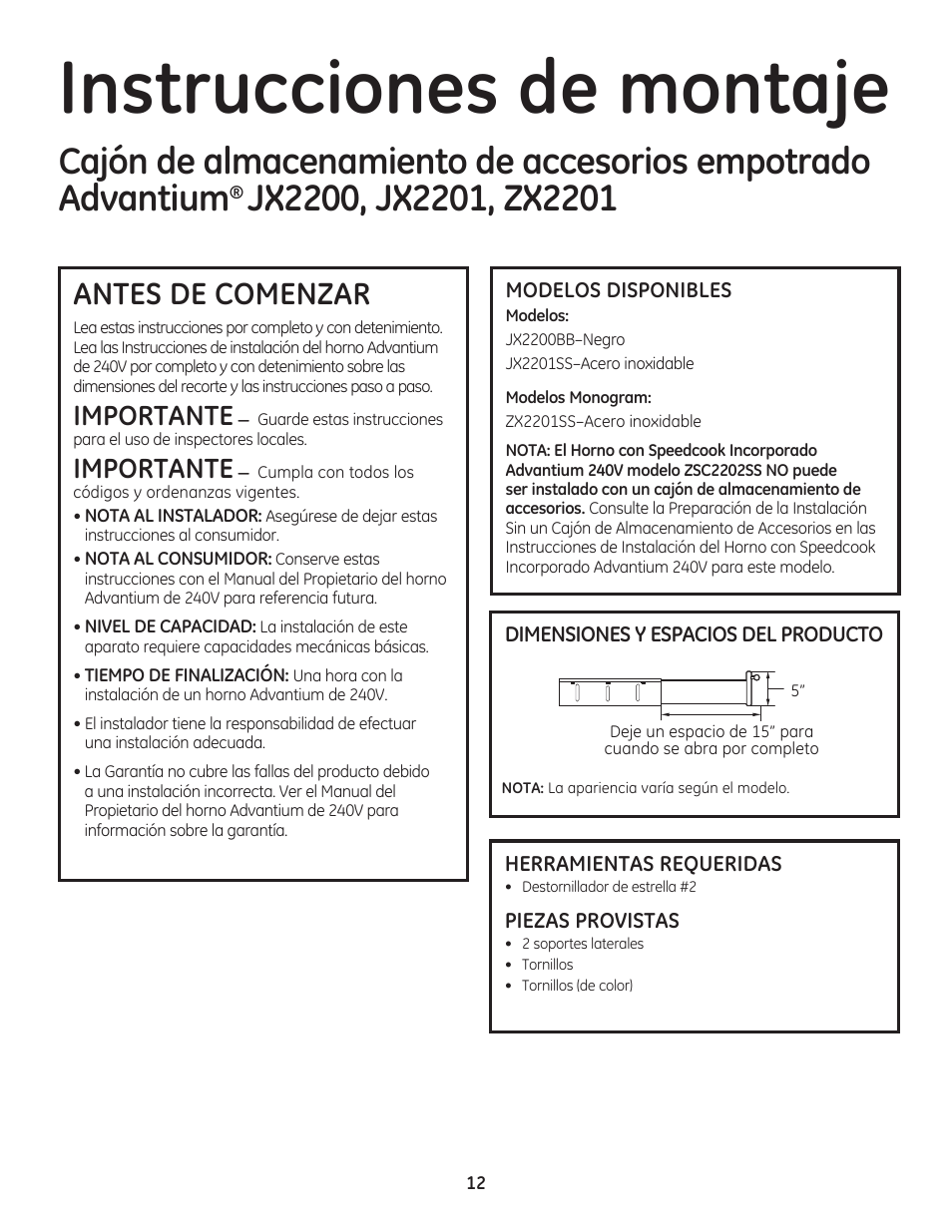 Instrucciones de montaje, Antes de comenzar, Importante | GE PSB9240SFSS User Manual | Page 28 / 32