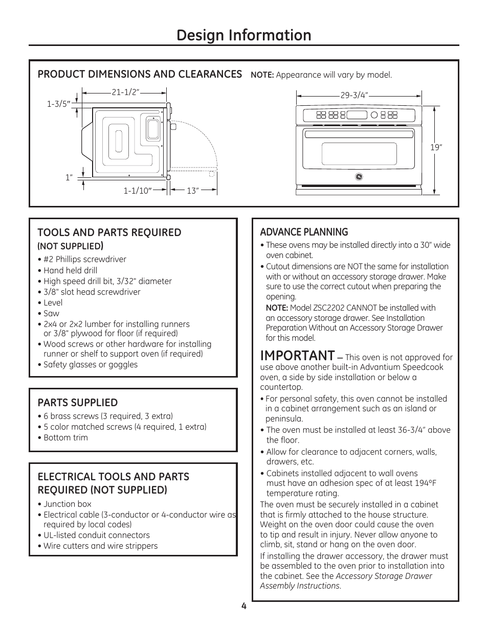 Design information, Important | GE PSB9240SFSS User Manual | Page 4 / 32