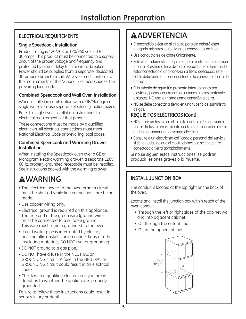 Installation preparation, Warning, Advertencia | GE PSB9240SFSS User Manual | Page 5 / 32