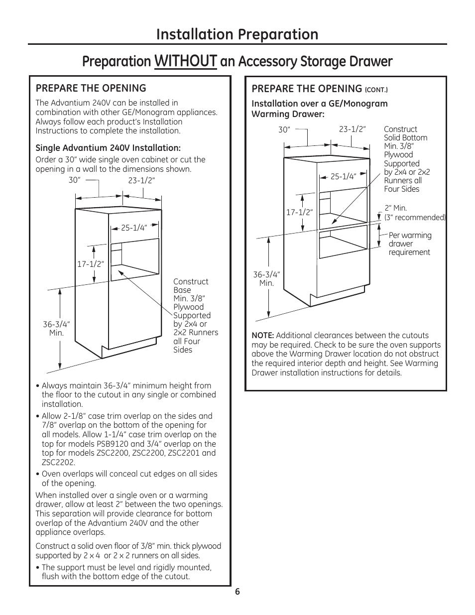 Without, Installation preparation preparation, An accessory storage drawer | GE PSB9240SFSS User Manual | Page 6 / 32