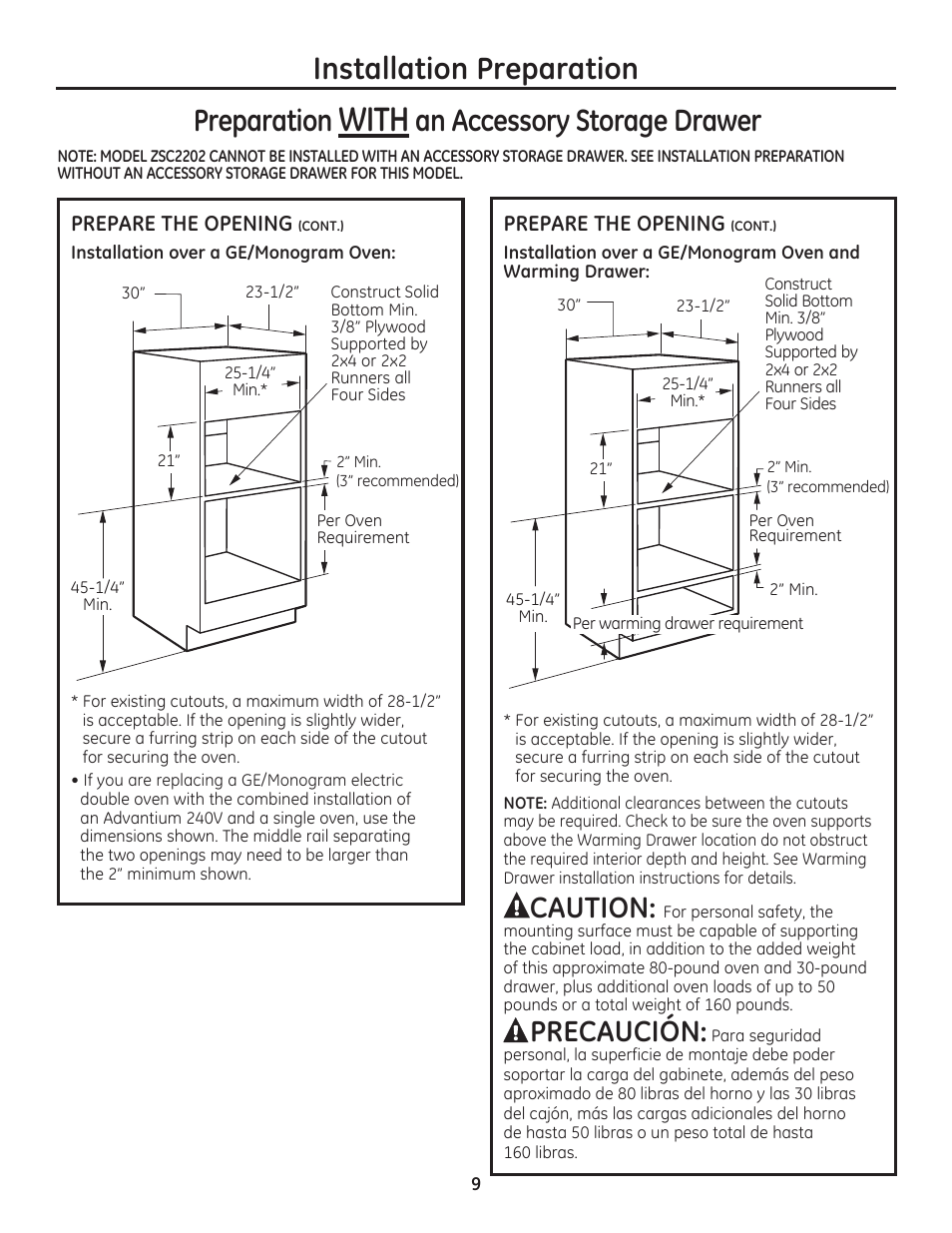 With, Installation preparation preparation, An accessory storage drawer | Caution, Precaución | GE PSB9240SFSS User Manual | Page 9 / 32