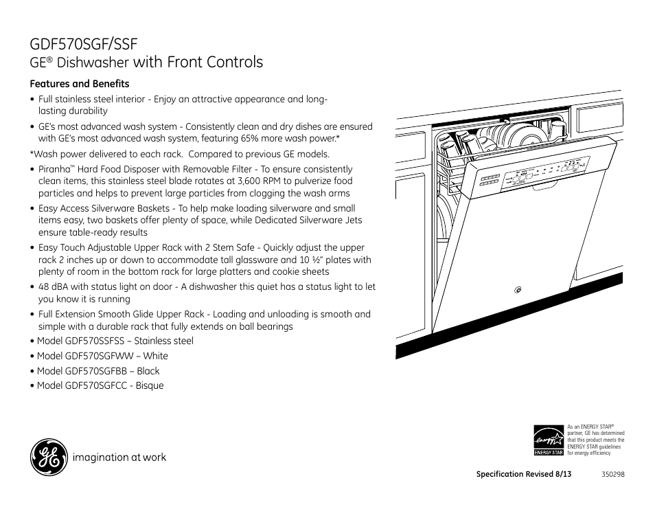 Gdf570sgf/ssf, With front controls, Dishwasher | GE GDF570SGFWW User Manual | Page 2 / 2