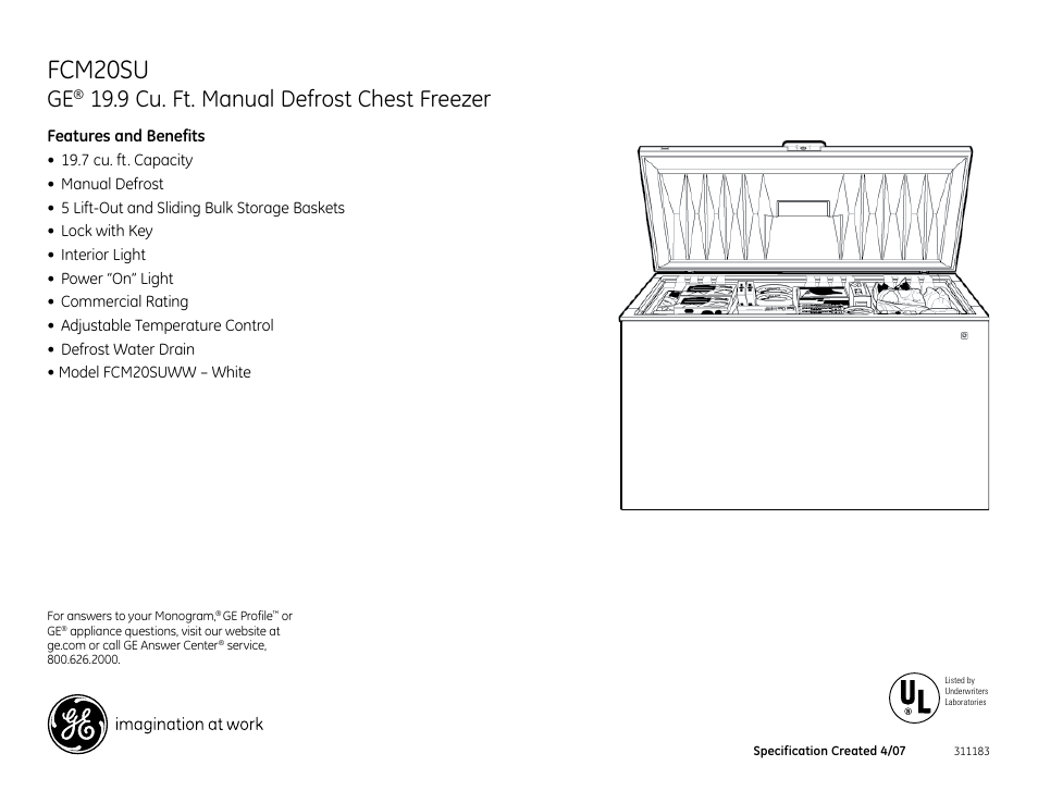 Fcm20su, 9 cu. ft. manual defrost chest freezer | GE FCM20SUWW User Manual | Page 2 / 2