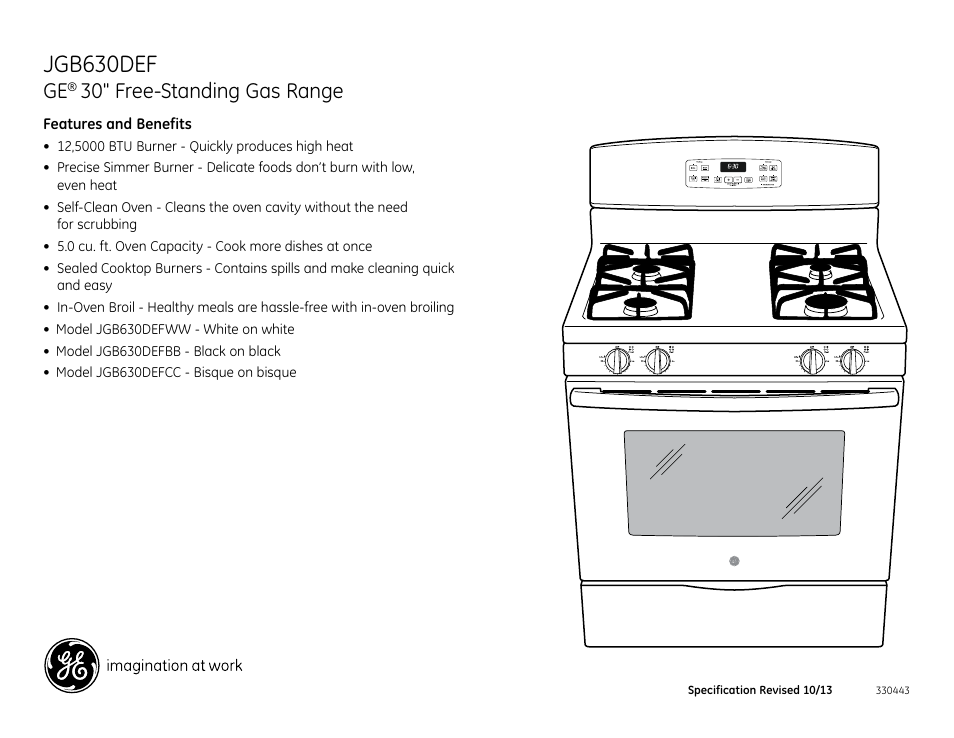 Jgb630def, 30" free-standing gas range | GE JGB630DEFCC User Manual | Page 2 / 2