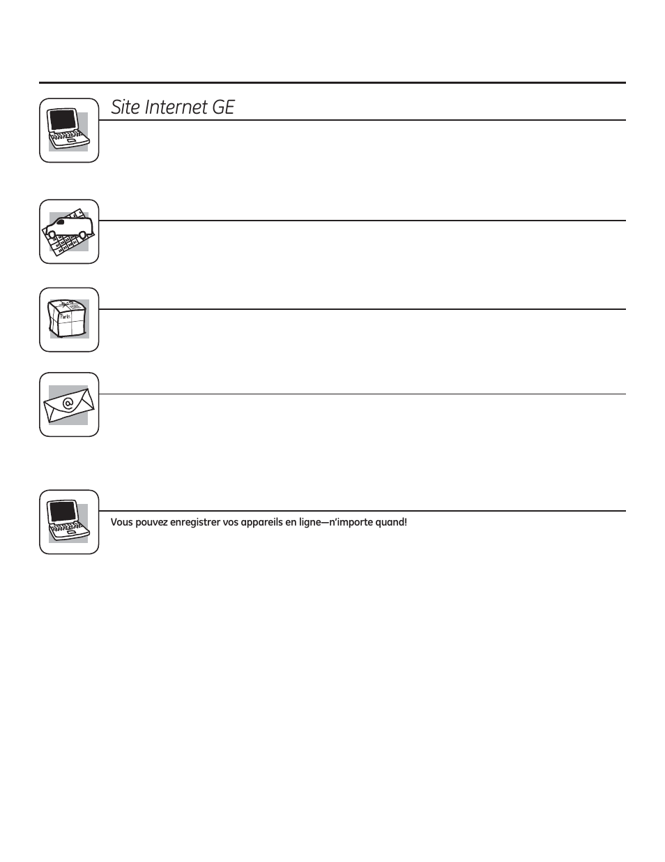 6lwh,qwhuqhw, Prise de rendez-vous, Pièces et accessoires | Pour nous contacter, Enregistrement des appareils, Service à la clientèle | GE JP256BMBB User Manual | Page 48 / 72