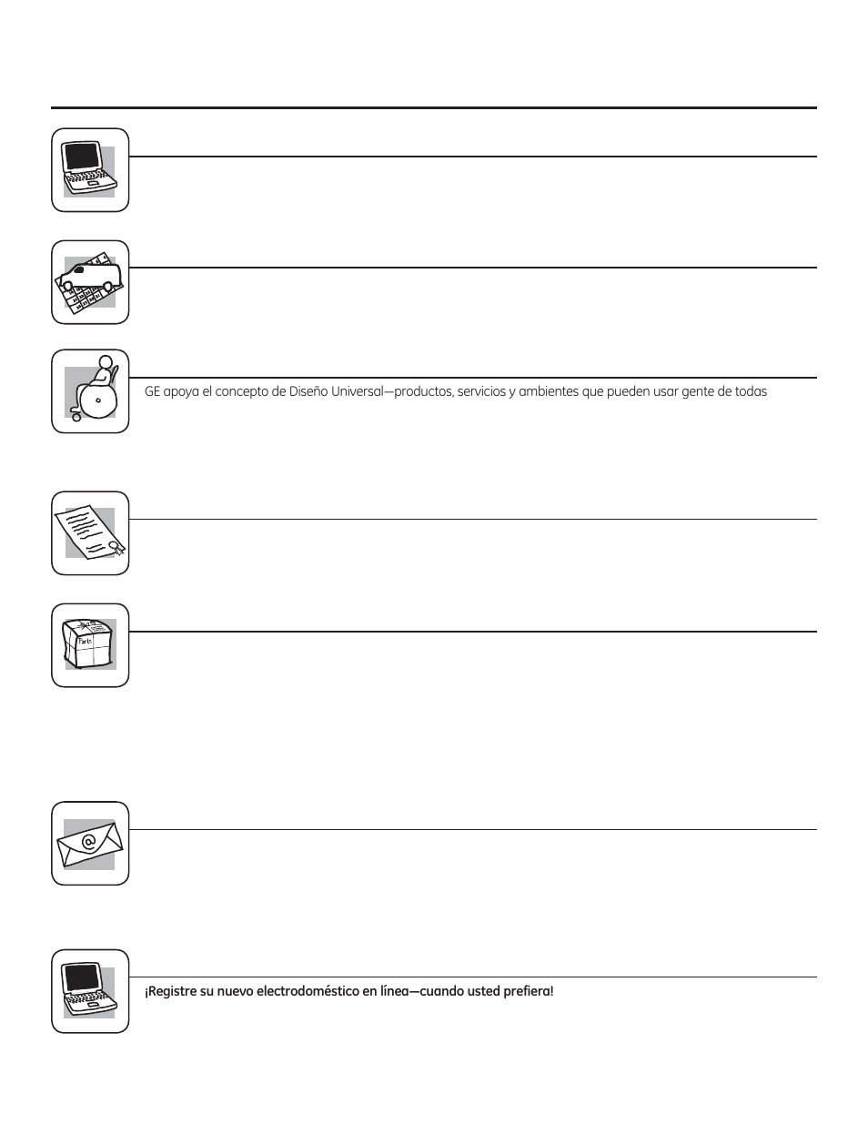 Soporte al consumidor. página web de ge appliances, Solicite una reparación, Garantías ampliadas | Piezas y accesorios, Póngase en contacto con nosotros, Registre su electrodoméstico | GE JP256BMBB User Manual | Page 71 / 72