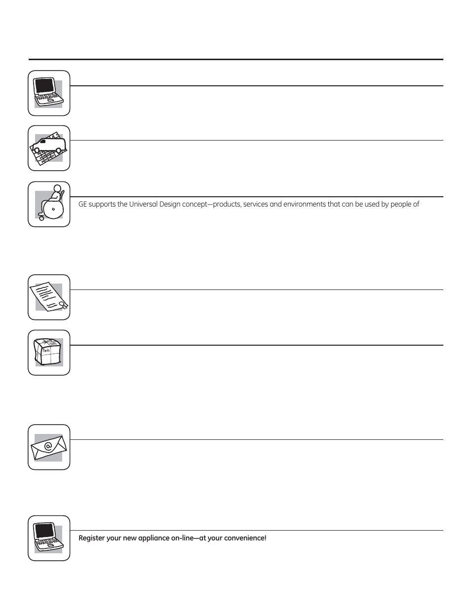 Consumer support. ge appliances website, Schedule service, Real life design studio | Extended warranties, Parts and accessories, Contact us, Register your appliance | GE JP256BMBB User Manual | Page 72 / 72