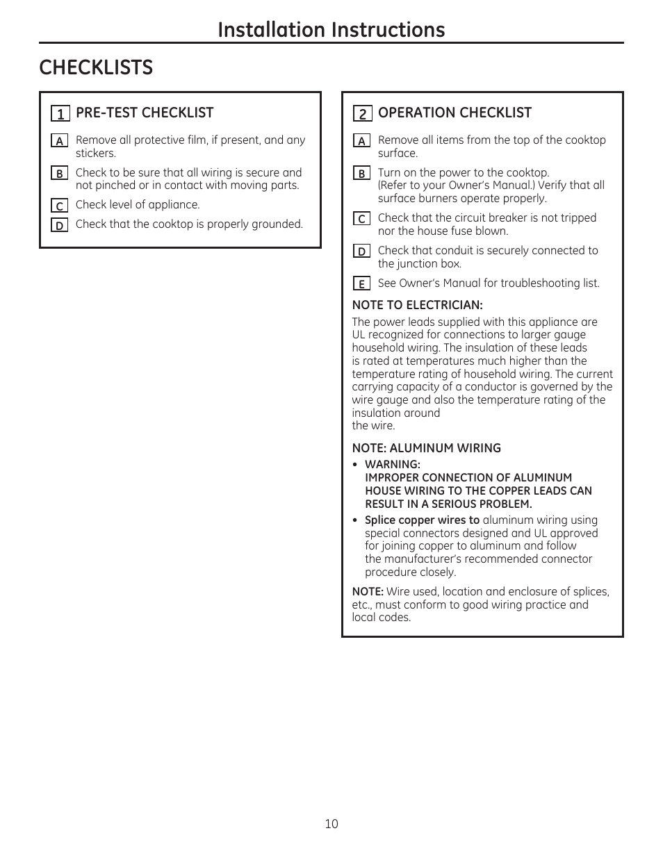 Checklists, It] pre-test checklist, Iti operation checklist | Splice copper wires to, Installation instructions | GE PHP960DMBB User Manual | Page 10 / 32