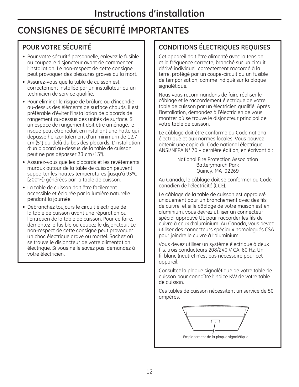 Consignes de securite importantes, Pour votre securite, Conditions electriques requises | Instructions d'installation | GE PHP960DMBB User Manual | Page 12 / 32