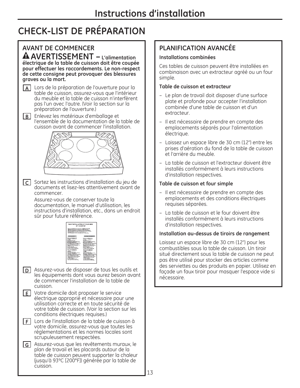 Check-list de preparation, Planification avancee, Installations combinées | Table de cuisson et extracteur, Table de cuisson et four simple, Installation au-dessus de tiroirs de rangement, Instructions d'installation, A avertissement | GE PHP960DMBB User Manual | Page 13 / 32