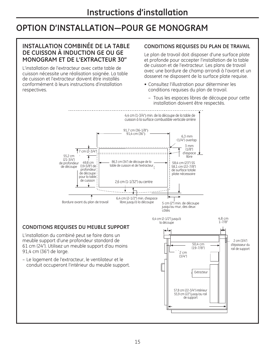 Option d'installation-pour ge monogram, Conditions requises du plan de travail, Conditions requises du meuble support | Instructions d'installation | GE PHP960DMBB User Manual | Page 15 / 32