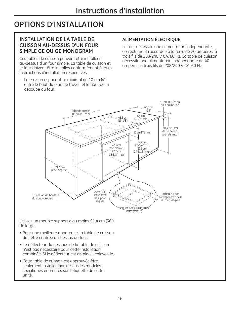 Options d'installation, Instructions d'installation | GE PHP960DMBB User Manual | Page 16 / 32