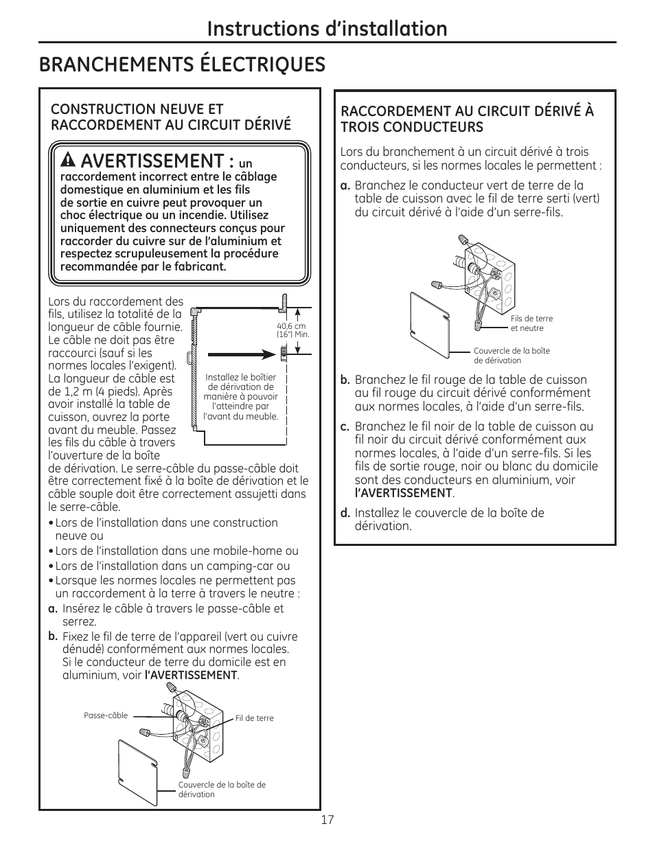 Branchements electriques, A avertissement: un, Raccordement au circuit derive a trois conducteurs | Instructions d'installation | GE PHP960DMBB User Manual | Page 17 / 32