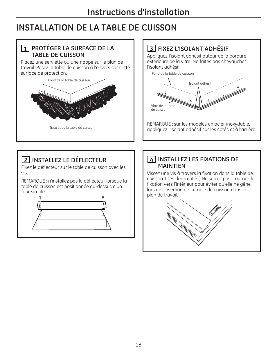 Installation de la table de cuisson, J] protéger la surface de la table de cuisson, H fixez l'isolant adhésif | Y\ installez le déflecteur, H installez les fixations de maintien, Instructions d'installation | GE PHP960DMBB User Manual | Page 18 / 32