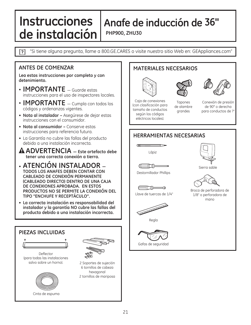 Php900, zhu30, Antes de comenzar, Piezas incluidas | Materiales necesarios, Instrucciones de instalación, Anafe de inducción de 36, Importante, Atención instalador | GE PHP960DMBB User Manual | Page 21 / 32