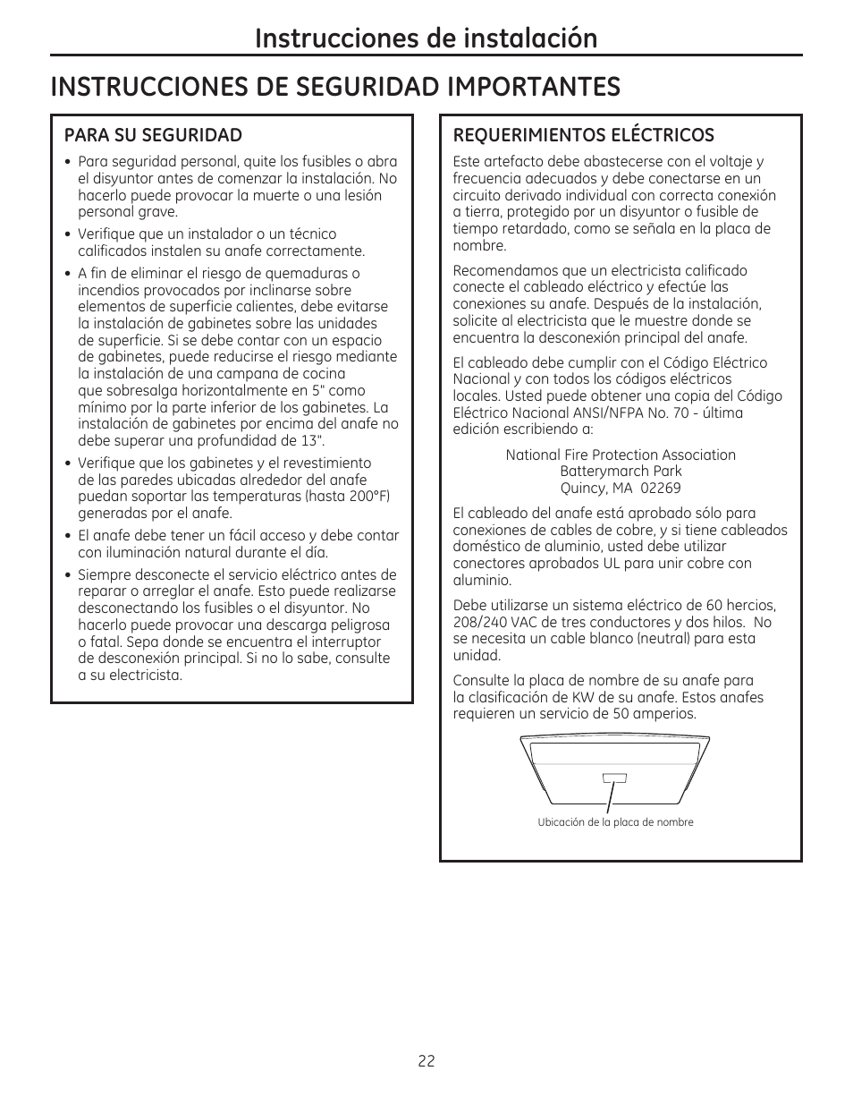 Para su seguridad, Requerimientos electricos, Instrucciones de instalación | Instrucciones de seguridad importantes | GE PHP960DMBB User Manual | Page 22 / 32
