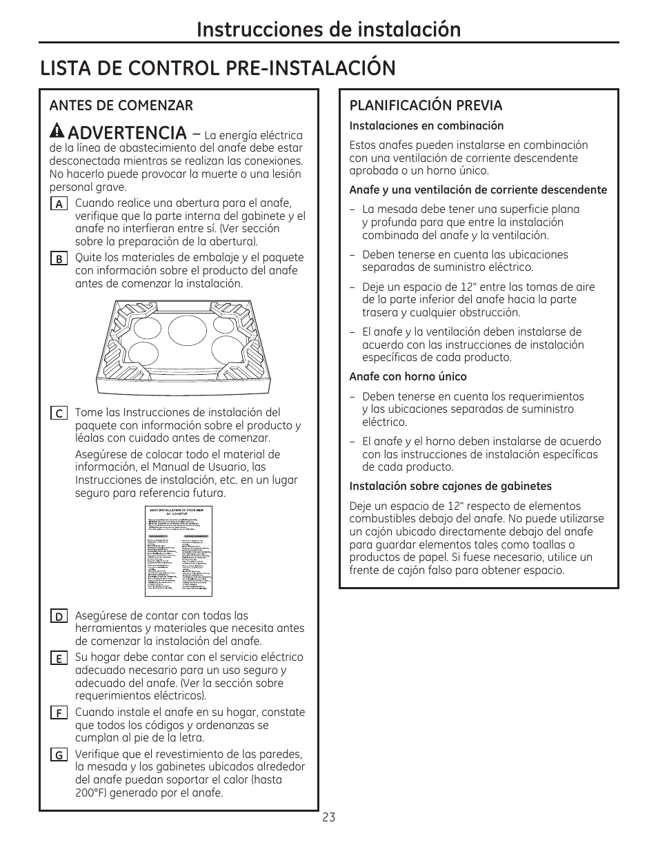 Lista de control pre-instalacion, Antes de comenzar, Planificacion previa | Instrucciones de instalación, Advertencia | GE PHP960DMBB User Manual | Page 23 / 32