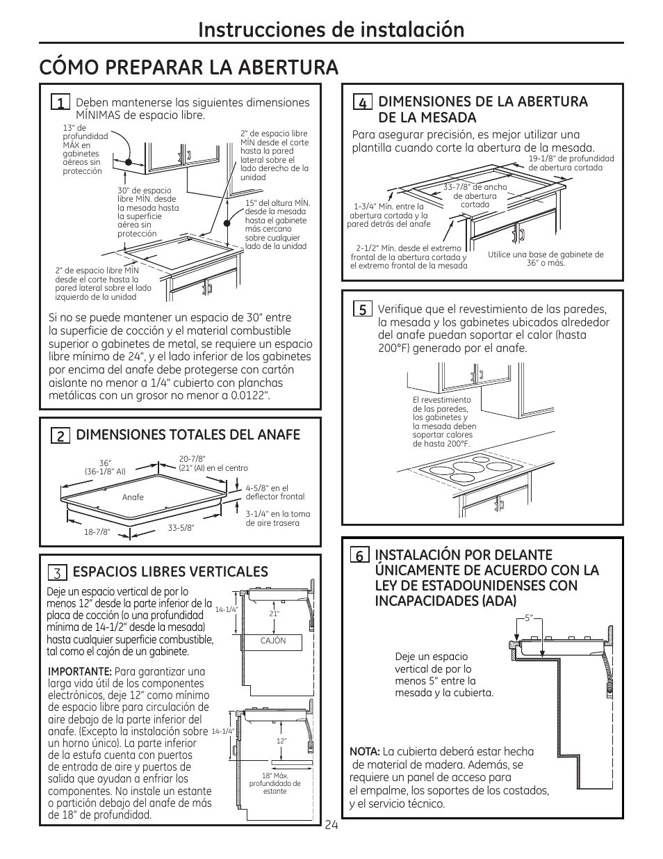 Como preparar la abertura, H dimensiones totales del anafe, H espacios libres verticales | Щ dimensiones de la abertura de la mesada, H instalación por delante, Instrucciones de instalación | GE PHP960DMBB User Manual | Page 24 / 32