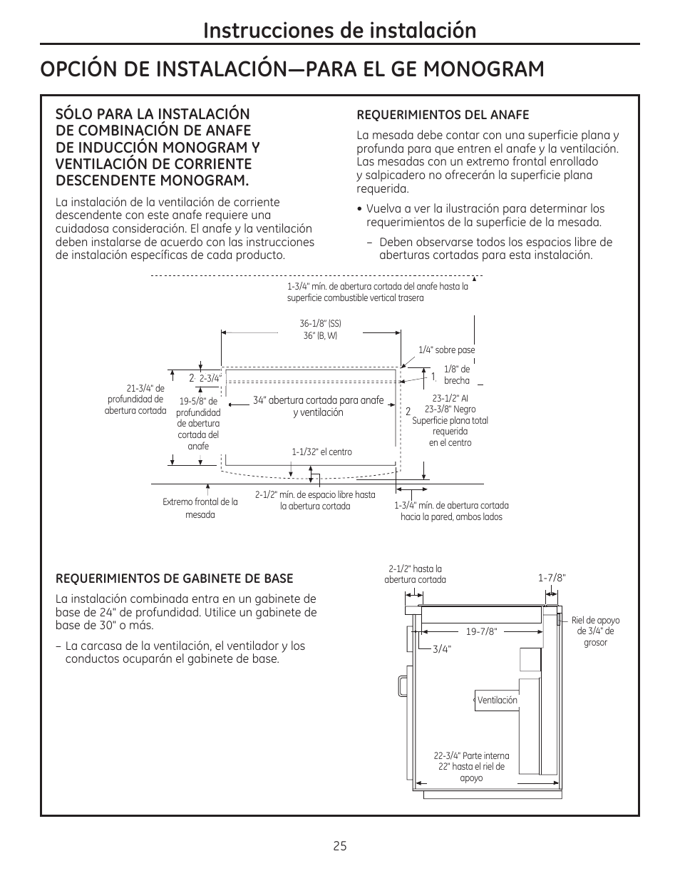 Opcion de instalacion-para el ge monogram, Requerimientos del anafe, Requerimientos de gabinete de base | Instrucciones de instalación | GE PHP960DMBB User Manual | Page 25 / 32