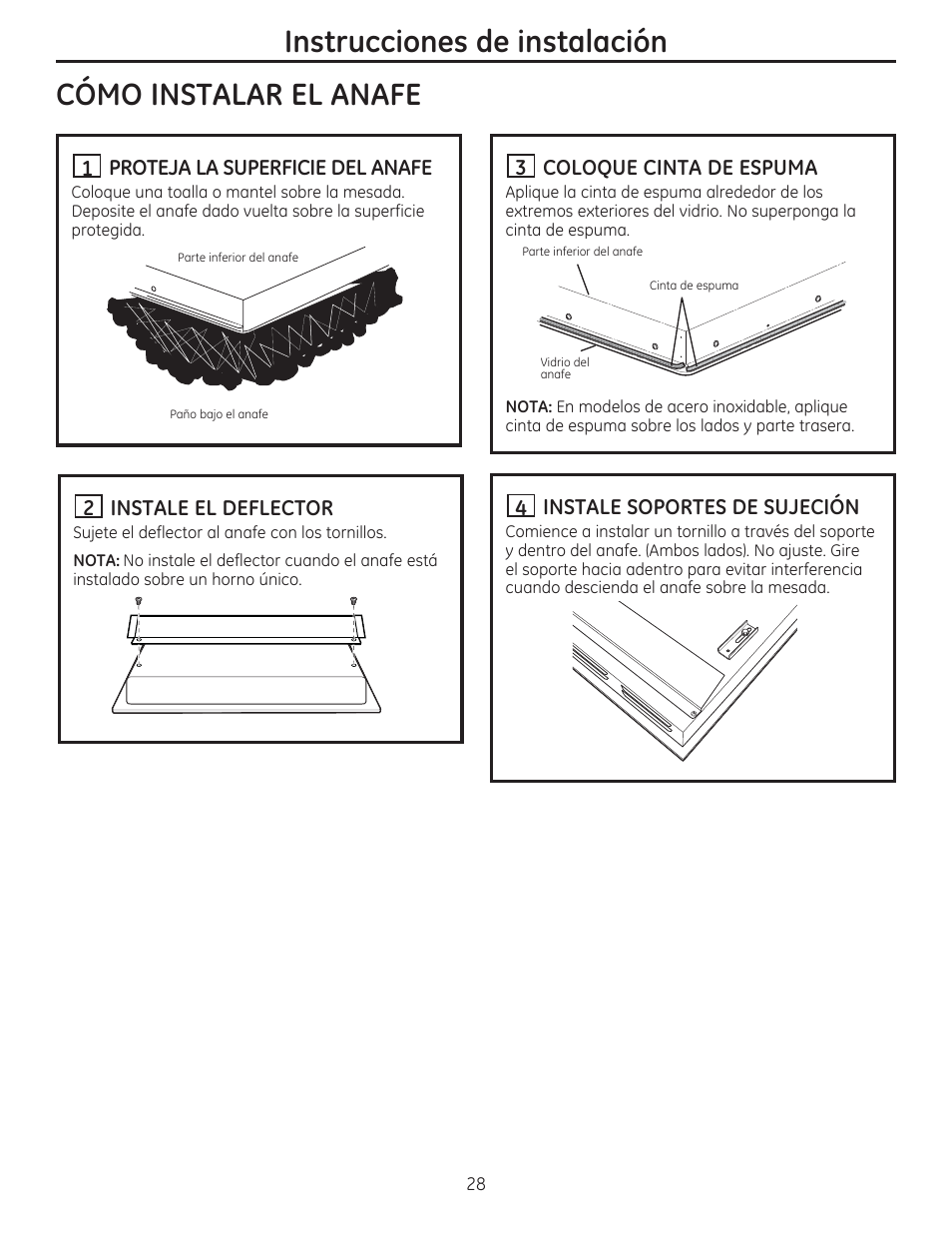 Como instalar el anafe, Ü proteja la superficie del anafe, H instale el deflector | H coloque cinta de espuma, H instale soportes de sujeción, Instrucciones de instalación | GE PHP960DMBB User Manual | Page 28 / 32